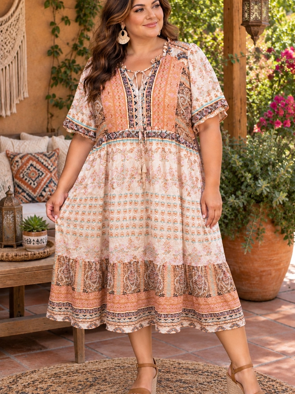 Umger Boho Floral Tiered Midi Dress